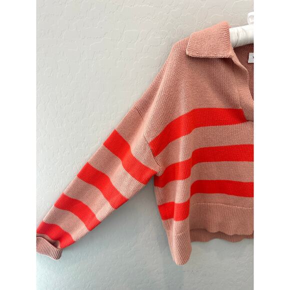 VELVET BY GRAHAM & SPENCER Striped Polo Sweater Tan Red Cotton Cashmere | XS - Picture 3 of 7